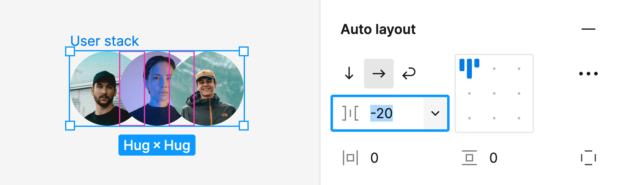 Screenshot example showing setting the gap property to -20 to achieve a user stack element.