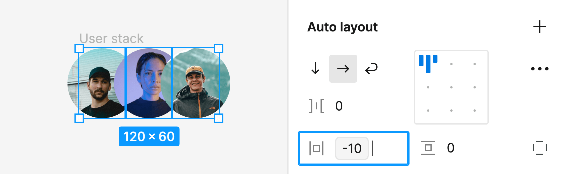 Screenshot example showing how by setting the padding value for each profile image to -10 we can create almost the same user stack element.