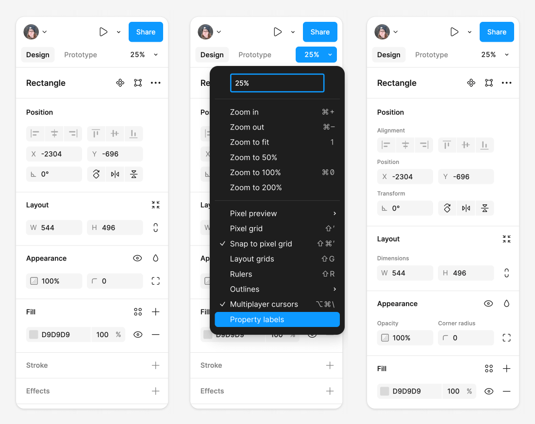 Example showing how to enable property labels in the Design panel.