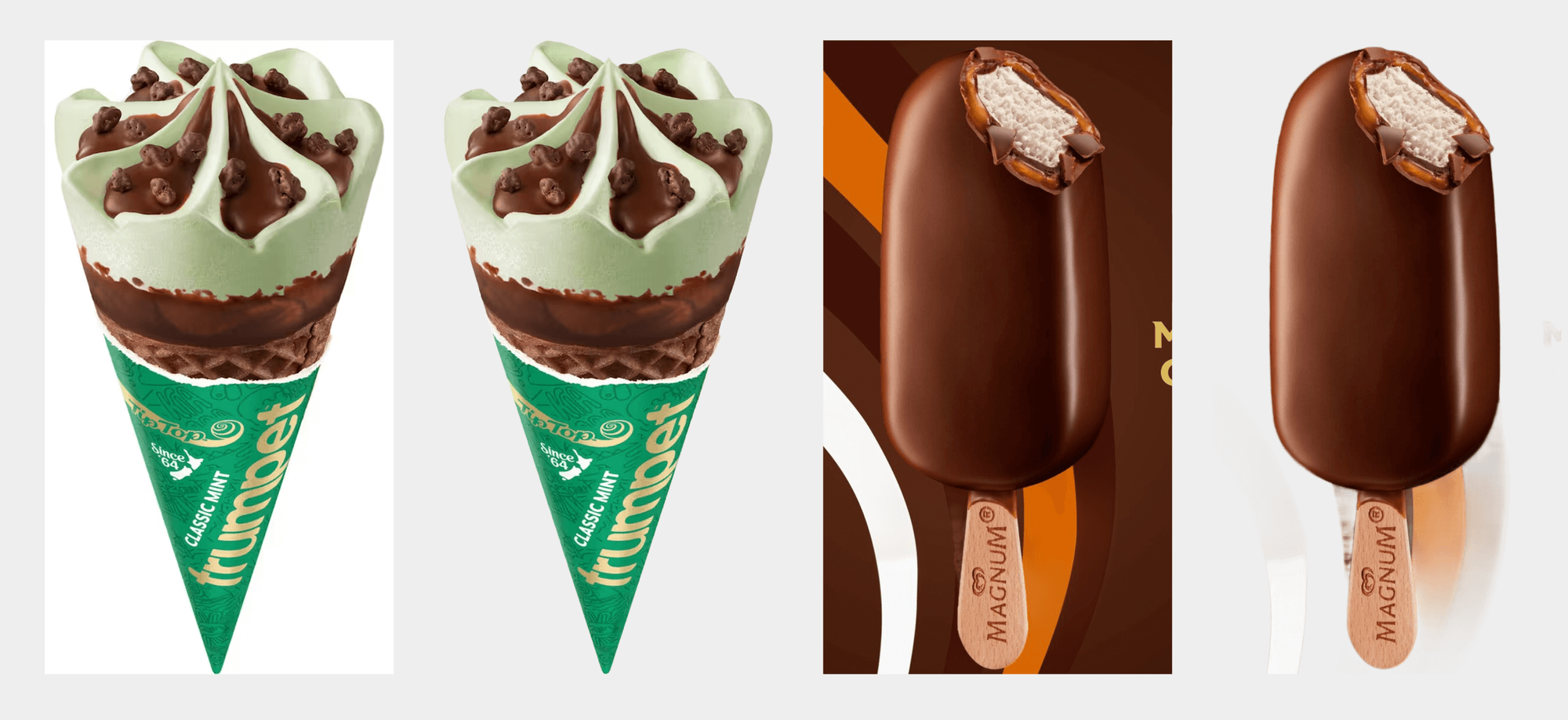 Screenshot example showing two ice-creams, a Trumped cone on the left with it's white background neatly removed, and a Magnum on the right which has a mix of colours in the background that haven't been removed by the AI background remover perfectly.