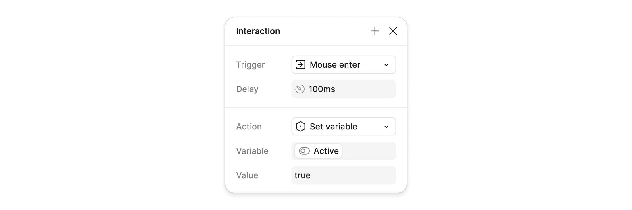 Interaction. Trigger: Mouse enter. Delay: 100ms. Action: Set variable. Variable: Active. Value: true.