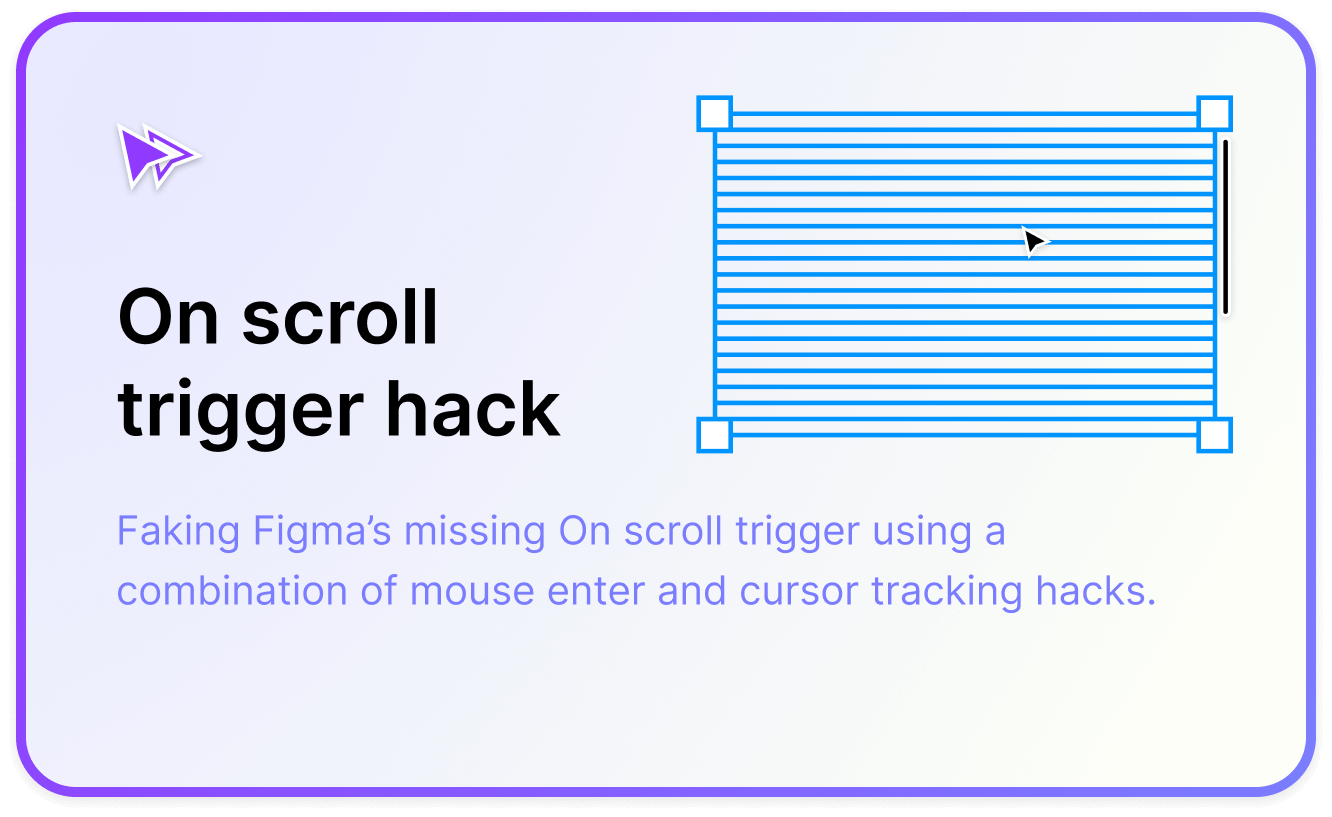 On scroll trigger hack. Faking Figma's missing On scroll trigger using a combination of mouse enter and cursor tracking hacks.