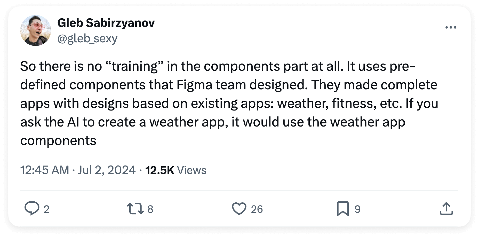 So there is no “training” in the components part at all. It uses pre-defined components that Figma team designed. They made complete apps with designs based on existing apps: weather, fitness, etc. If you ask the AI to create a weather app, it would use the weather app components