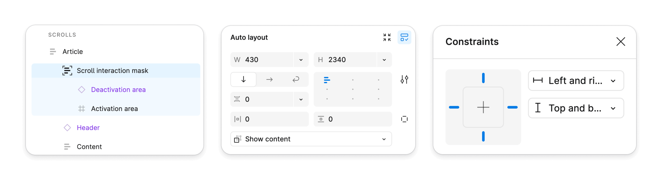 Screenshot showing the Scroll interaction mask layers inside the Article frame. The Auto layout settings with vertical orientation applied. The Constraints settings with Left and Right, Top and Bottom applied.