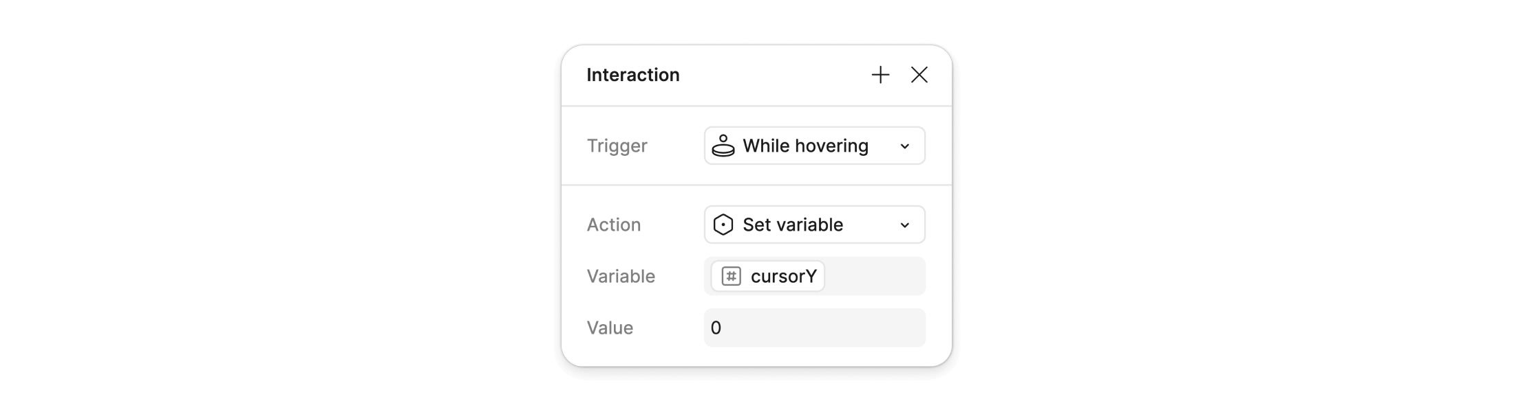 Interaction. Trigger: While hovering. Action: Set variable. Variable: cursorY. Value: 0.